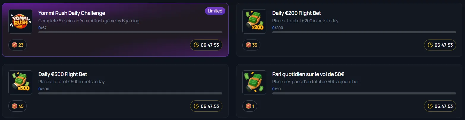 Missions quotidiennes et défis avec récompenses sur Aerobet